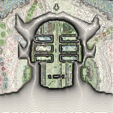A psychedelic, topographical-style digital image featuring a symmetrical, mask-like shape composed of layered contour lines and circuit-board patterns over a green and grey textured background.
