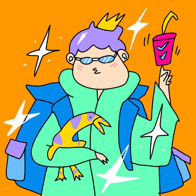 A colorful illustration shows a purple-haired character wearing sunglasses and a small crown, dressed in a green hoodie and blue jacket, holding a yellow and purple frog while holding up a drink cup.