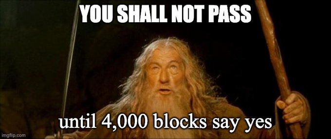 A meme featuring Gandalf from The Lord of the Rings with the text "YOU SHALL NOT PASS" above and "until 4,000 blocks say yes" below, watermarked "imgflip.com".