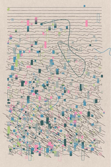 An abstract artwork on beige paper featuring scattered small colorful rectangles, wavy black lines, and a blue looping line resembling a loose thread or string.