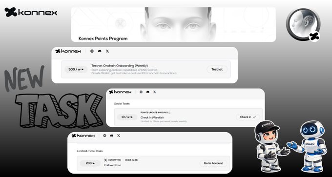 A promotional graphic for the 'Konnex Points Program' displays new tasks like 'Testnet Onchain Onboarding (Weekly)', 'Social Tasks', and 'Limited-Time Tasks' alongside cartoon robot characters and a 'NEW TASK' stamp.