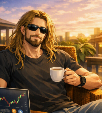 An illustrated portrait of a long-haired, bearded man wearing sunglasses and a black t-shirt, holding a coffee cup while a laptop displaying a stock chart with a Bitcoin logo sits beside him, with a sunset cityscape in the background.