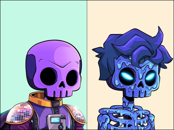A side-by-side illustration of two cartoon characters with purple skull-like heads; the left one wears armor with a 'DOG' patch, while the right one has a melting, glowing-eyed skeletal appearance.