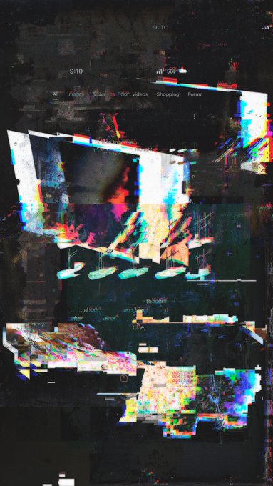 An abstract digital glitch art piece featuring distorted, colorful pixelated shapes with fragmented text elements like '9:10' and '404.'