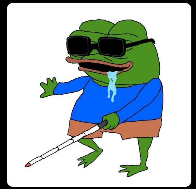 A cartoon illustration of a green frog wearing black sunglasses and a blue shirt, drooling and holding a white cane with a red tip.