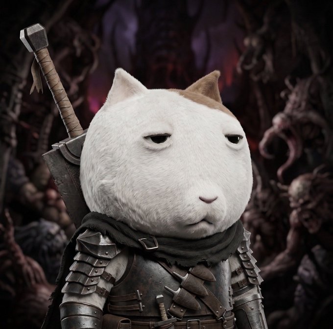 A digital illustration of a cat's face with a serious expression, wearing medieval armor and carrying a sword on its back against a dark, ominous background.