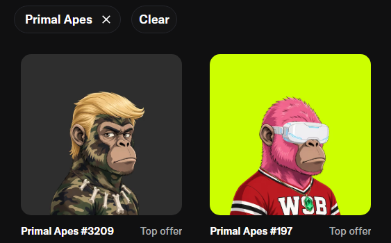 Two NFT-style digital art pieces titled 'Primal Apes' are displayed: #3209 featuring a blonde ape in military camo, and #197 featuring a pink ape wearing sunglasses and a red 'WSB' shirt.