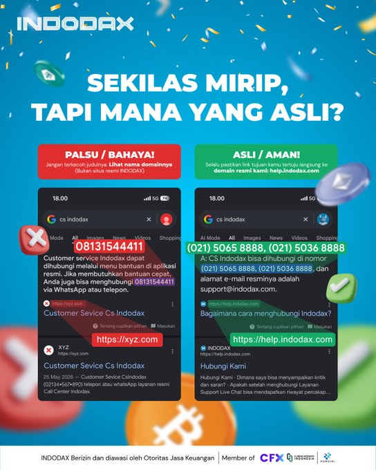 An INDODAX informational graphic in Indonesian with the heading 'SEKILAS MIRIP, TAPI MANA YANG ASLI?' (Looks similar, but which is real?) comparing a fake/hazardous 'cs indodax' contact (08131544411, https://xyz.com) marked with a red X, versus the legitimate INDODAX contact (021) 5065 8888, (021) 5036 8888, help.indodax.com) marked with a green checkmark.