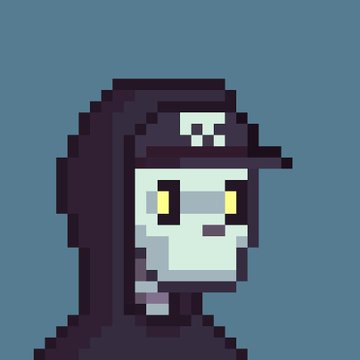 Pixel art portrait of a figure in a dark purple hooded cloak and cap with a small white skull emblem, featuring glowing yellow eyes and a skull-like white face.
