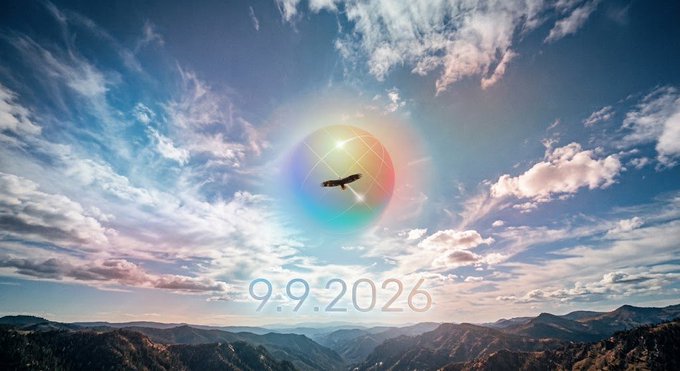 A scenic landscape of mountains under a cloudy blue sky featuring a bird flying through a colorful halo, with the date '9.9.2026' overlaid.