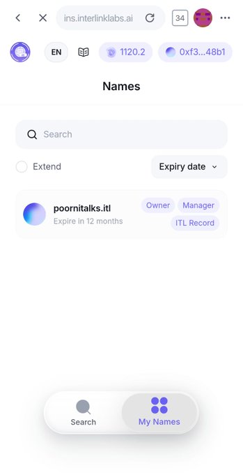 A mobile screenshot of the ins.interlinklabs.ai website displaying a 'Names' page with a search bar, an entry for 'poornitalks.itl' showing roles like Owner, Manager, and ITL Record, and a balance of 1120.2.