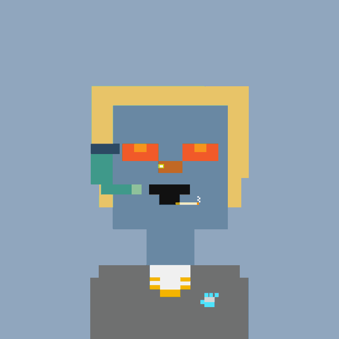 A pixel art portrait of a blonde character with orange sunglasses, smoking a cigarette, set against a light blue background.