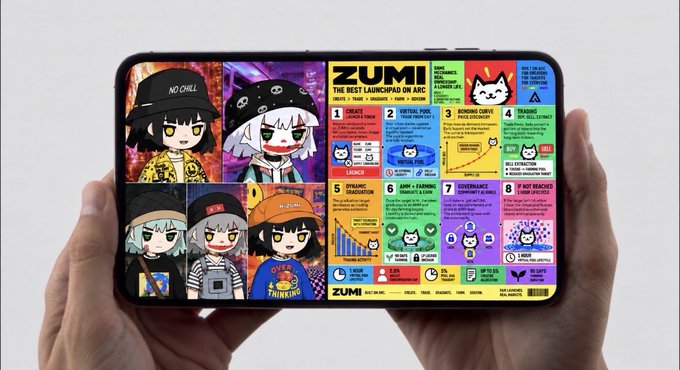 Hands hold a smartphone displaying a colorful ZUMI magazine spread titled 'THE BEST LAUNCHPAD ON ARC,' featuring anime-style character illustrations and educational content about DeFi concepts.