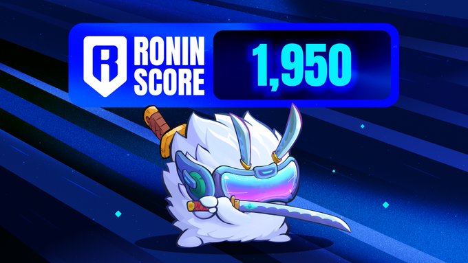 The image displays a "RONIN SCORE" badge of 1,950 next to a futuristic samurai-style character with glowing cyan visor and sword, visually illustrating the Honor Score reputation system described in the post as a unified on-chain credibility layer for players.