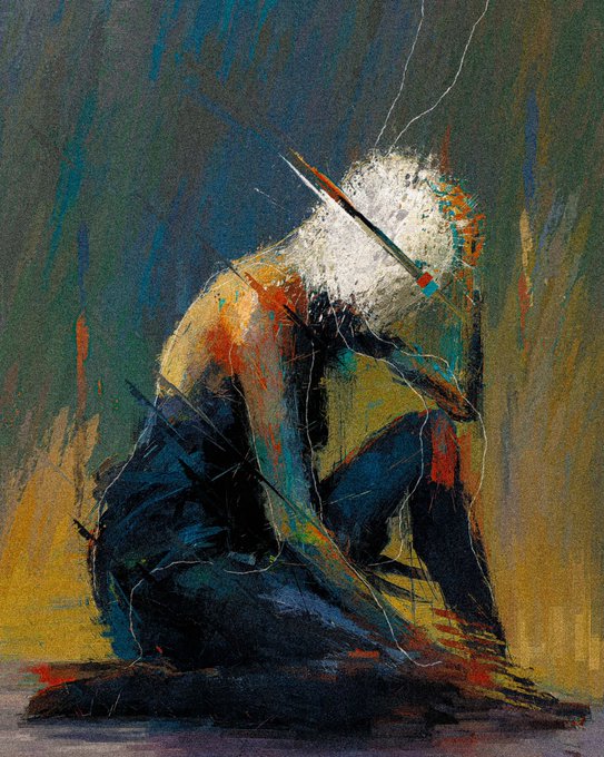 An expressive oil painting depicts a seated, hunched figure with a fragmented white head, rendered in dark blues, ochres, and earthy tones with visible paint splatters and scratches.