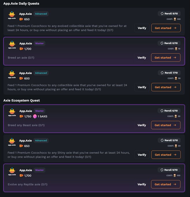 A list of 'App.Axie Daily Quests' and 'Axie Ecosystem Quest' tasks with point rewards (BP) including feeding, breeding, and evolving axies, with 'Verify' and 'Get started' buttons.