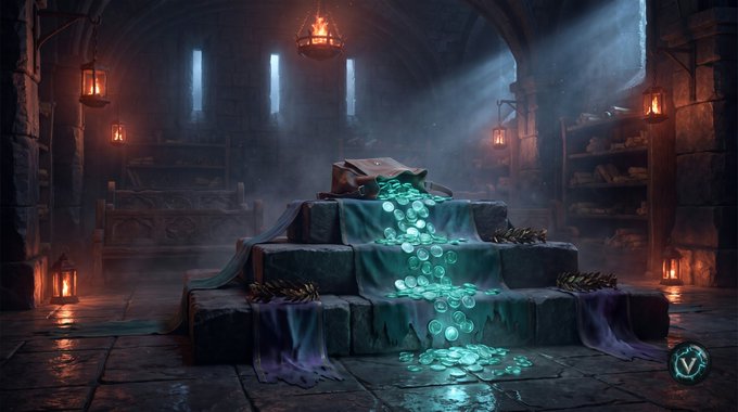 A fantasy digital artwork depicting a treasure trove in a dim stone chamber, featuring a stone pedestal draped in cloth with an open book and an overflowing pile of glowing green coins.