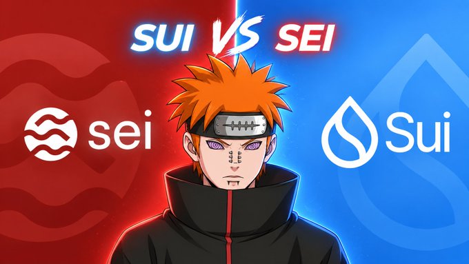 A graphic featuring an anime character with orange spiky hair and a headband, positioned between the 'sei' (red) and 'Sui' (blue) cryptocurrency logos under the text 'SUI VS SEI'.