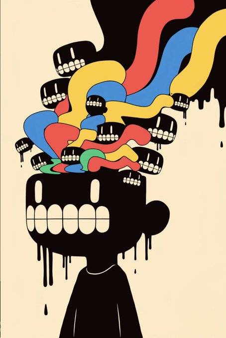 A stylized abstract artwork depicting a black figure with multiple grinning teeth emerging from its head, with colorful dripping shapes in red, blue, and yellow against a cream background.