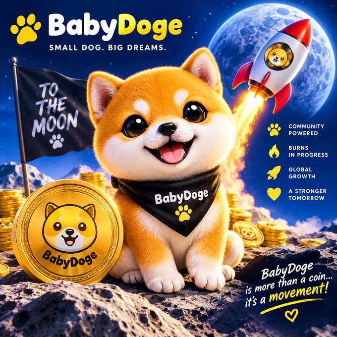 A promotional graphic for 'BabyDoge' cryptocurrency featuring a cartoon Shiba Inu puppy wearing a black bandana, sitting in front of a moon and a rocket, surrounded by gold coins with the tagline 'SMALL DOG. BIG DREAMS.' and 'BabyDoge is more than a coin... it's a movement!'