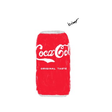 A red Coca-Cola can illustration features the text "Coca-Cola" and "ORIGINAL TASTE," with the sound effect "bwof!" above it, relating to the artist's lighthearted celebration of their restored foundation listing, thanking Jack Butcher and the team.
