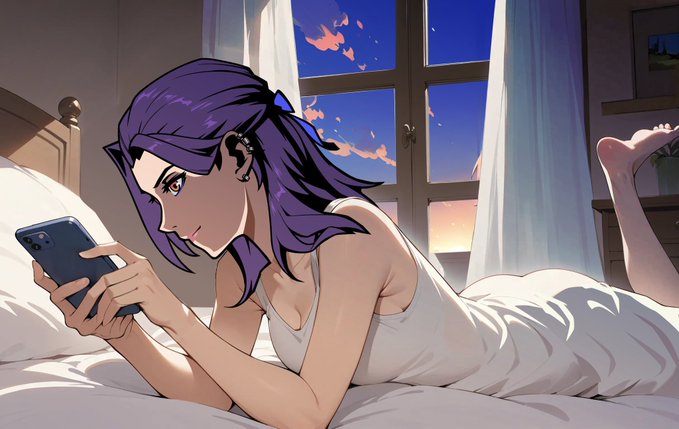 An anime-style illustration of a woman with short purple hair lying on a bed, looking at a blue smartphone with a sunset visible through a window behind her.