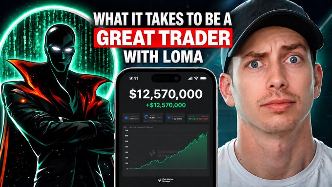 A promotional thumbnail for a trading interview reads “WHAT IT TAKES TO BE A GREAT TRADER WITH LOMA,” showing a hooded, red-accented figure, a surprised man in a cap, and a phone displaying “$12,570,000” with “+$12,570,000” in green. The visual supports the post by highlighting a trader’s large profit and introducing LomahCrypto’s insights on achieving consistent profitability, managing risk, and building elite trading habits.