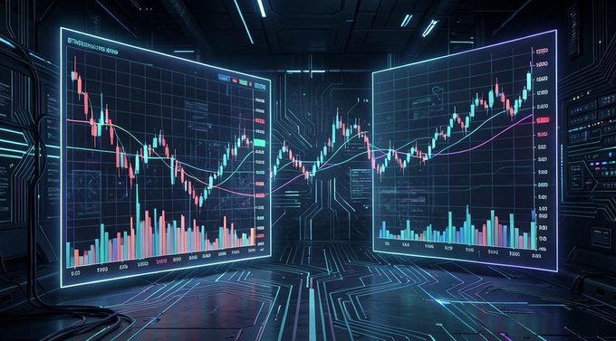 A futuristic digital display showing two cryptocurrency trading charts with candlestick patterns in red and green on glowing blue screens set in a dark, high-tech environment.