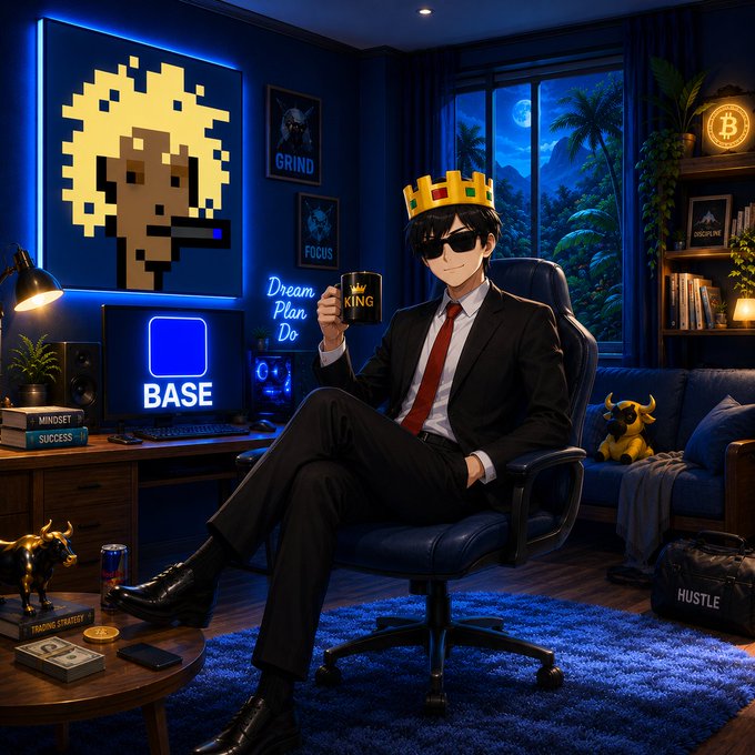 An anime-style figure wearing a crown, sunglasses, and a business suit sits confidently in a blue-lit "king" throne room holding a mug that says "KING," surrounded by crypto imagery including a "BASE" logo, Bitcoin symbol, and motivational text like "GRIND," "FOCUS," "HUSTLE," and "Dream Plan Do." The image visually personifies the post's message of "king" status on the Base blockchain, portraying the relaxed confidence of a crypto builder thriving in Base's low-fee, high-efficiency ecosystem.