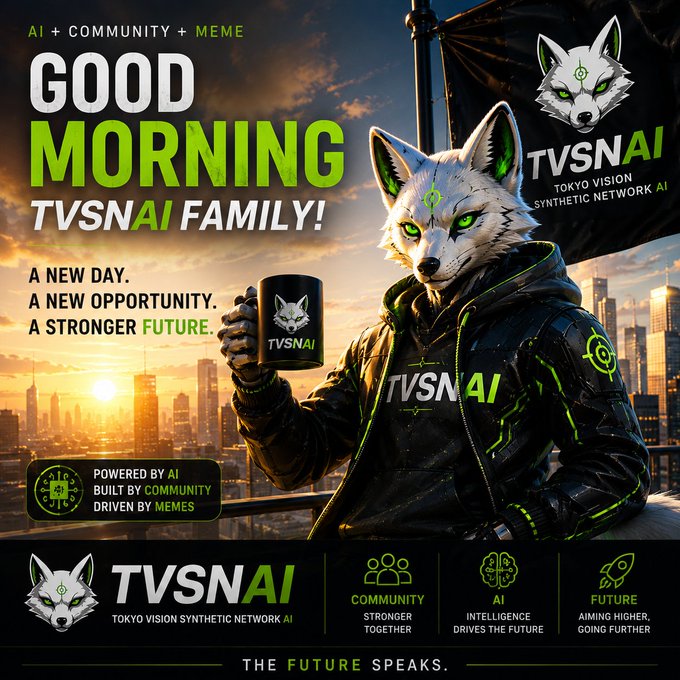 A 'Good Morning TVSNAI Family!' promotional graphic featuring a white wolf character in tactical gear holding a mug, branding for TVSNAI (Tokyo Vision Synthetic Network AI), with the tagline 'THE FUTURE SPEAKS.'