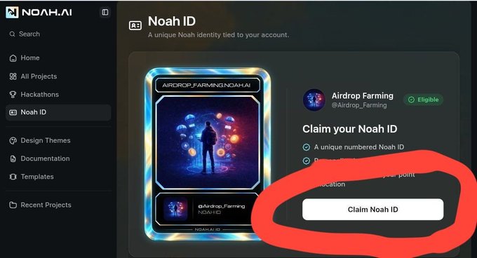A Noah AI dashboard showing the "Noah ID" page with an "Airdrop Farming" profile marked as "Eligible," featuring a glowing ID card display and a "Claim Noah ID" button circled in red, corresponding to the tutorial for claiming a unique Noah identity on trynoah.ai.