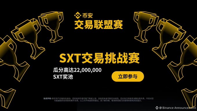 A Binance announcement banner for the SXT Trading Challenge, offering a prize pool of 22,000,000 SXT, with a yellow '立即参与' (Join Now) button.