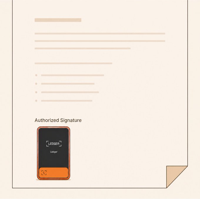 An illustration shows a document with placeholder text lines and an 'Authorized Signature' section, accompanied by a Ledger hardware wallet displaying the 'LEDGER' logo.