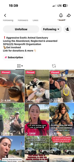 A TikTok profile page for 'Aggressive Exotic Animal Sanctuary' shows a following tab with pinned videos featuring exotic animals and a 501(c)(3) nonprofit donation link.