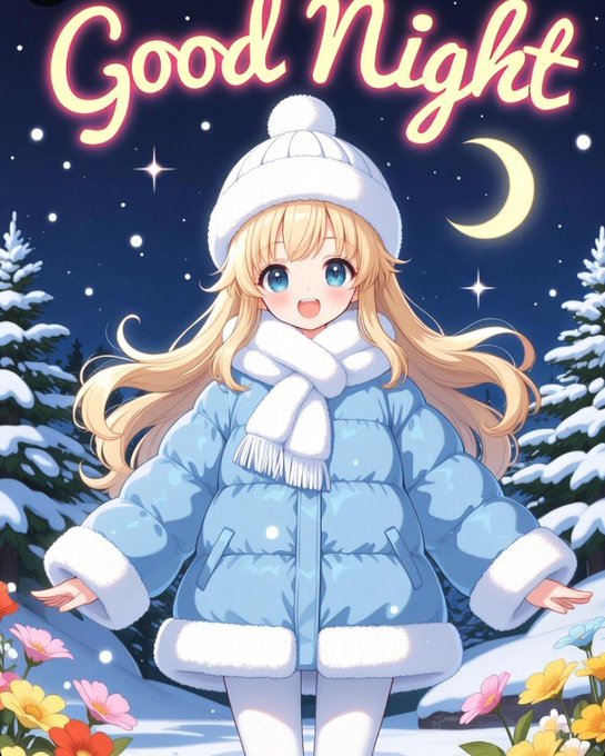 An anime-style illustration of a blonde girl in a blue puffy winter coat and white knit hat stands in a snowy landscape at night, with 'Good Night' written in glowing text above her.