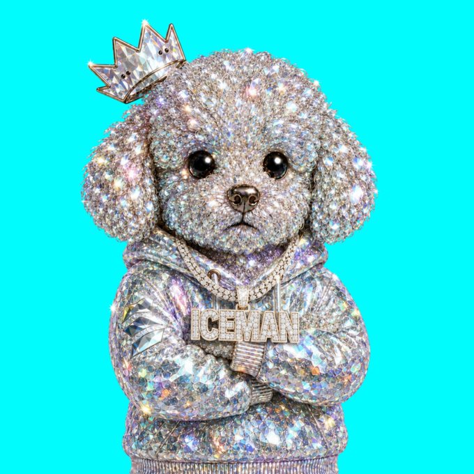 A glittering, diamond-encrusted cartoon dog wearing a crown and a hoodie with "ICE MAN" written on it stands against a bright turquoise background, fitting the "good morning diamond hands" post by symbolizing flashy, high-value crypto wealth and diamond-handed traders.