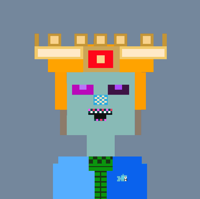 A pixel art character with cyan skin, purple eyes, and a yellow crown-like headpiece against a gray background.