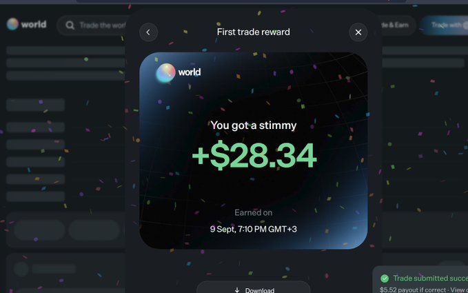 A celebratory screenshot from the World app showing a "First trade reward" notification, congratulating the user with a +$28.34 stimmy earned on 9 Sept. at 7:10 PM GMT+3, with confetti effects in the background.
