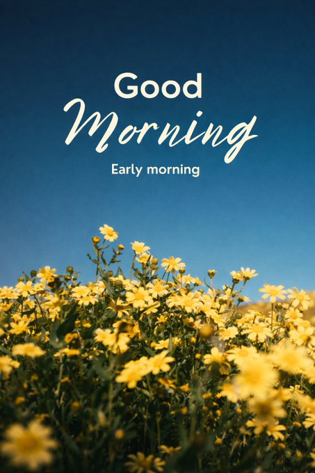 A bright morning greeting graphic featuring yellow wildflowers in the foreground against a clear blue sky, with text reading 'Good Morning' and 'Early morning' overlaid.