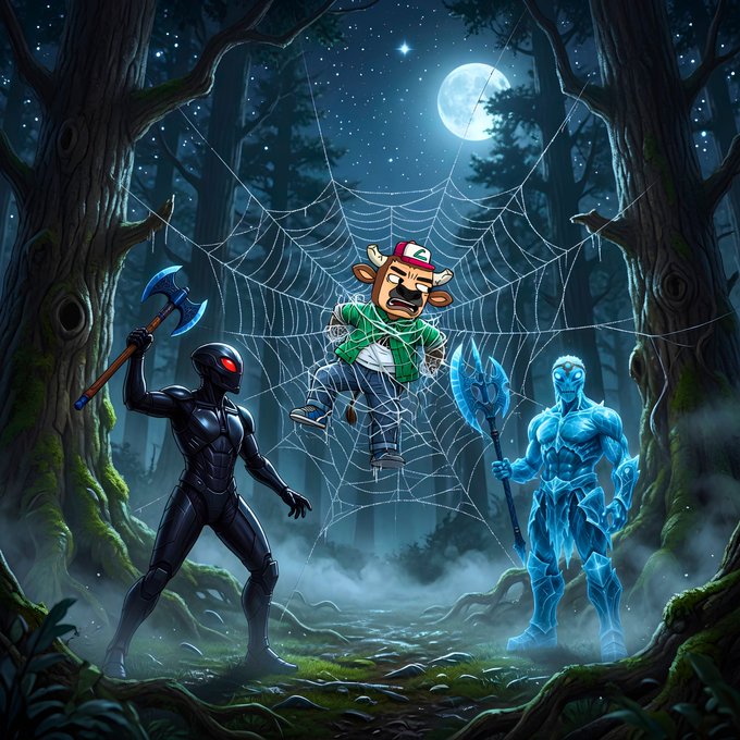 The image features a scene with three characters - a bull (or cow), a spider, and an elf or ghost. The bull is standing in front of a web that has been set up by the spider. The bull appears to be staked into the web, which suggests it's being held captive. The elf or ghost stands nearby, possibly trying to help the bull escape from its entrapment. The image also includes text elements such as "It' s not easy being a bull on Flare!", "@FLRspider has your staking rewards ready?", and "#FlareFam!". These elements contribute to the overall theme of the post and provide context for the characters in the scene.