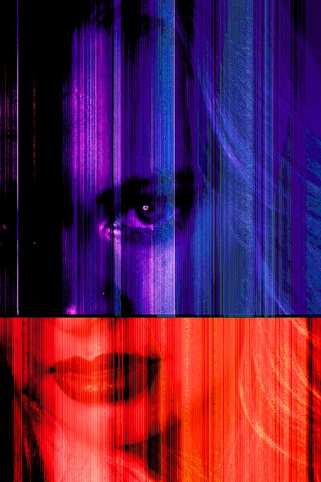 A glitch-art style image showing an eye in purple/blue tones above red lips, both obscured by vertical distortion lines.