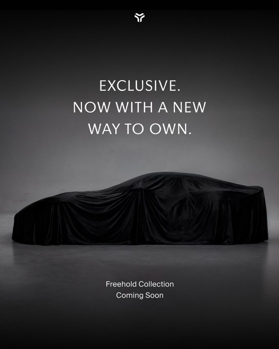 A sleek promotional image showing a car silhouette covered in black fabric, with text reading 'EXCLUSIVE. NOW WITH A NEW WAY TO OWN.' and 'Freehold Collection Coming Soon' beneath a small logo.