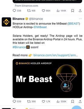 A Binance tweet announcing the MrBeast ($BEAST) HODLer Airdrop for Solana holders, featuring a black graphic with a gold parachute and the text 'BINANCE HODLER AIRDROP Mr Beast'.