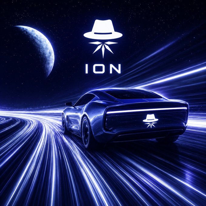 A promotional image featuring a sleek, futuristic silver sports car speeding along a road made of glowing blue light trails, set against a cosmic backdrop with a crescent moon and stars. The logo at the top shows a white fedora with a leaf beneath it, accompanied by the text 'ION'.