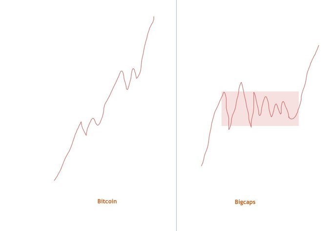 Two side-by-side line graphs comparing cryptocurrency price trends, with the left chart labeled 'Bitcoin' showing a steady upward trend and the right chart labeled 'Bigcaps' showing a sideways consolidation pattern before rising.
