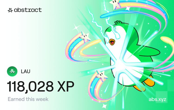 Abstract platform screenshot showing a user earned 118,028 XP this week with a LAU badge and a pixelated penguin mascot on a green background.