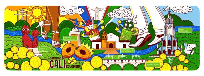 A colorful illustrated postcard or banner for Santiago de Cali, Colombia, featuring landmarks, a red cat, sunflowers, mountains, and text including 'SANTIAGO DE CALI COLOMBIA'.