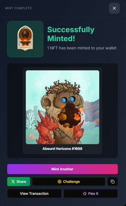 A "Mint Complete" success screen from gravemint.io confirms "Successfully Minted! 1 NFT has been minted to your wallet," featuring the newly acquired "Absurd Horizons #1698" Absurd Art Ape NFT. The post celebrates taking advantage of a Bogo (buy one, get one) deal on the AbsurdArtApes collection.