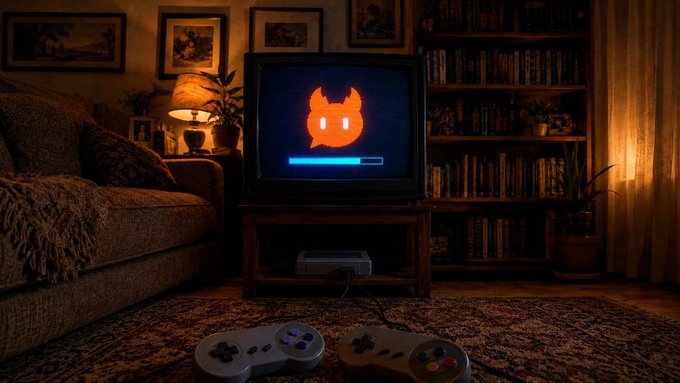 A retro gaming setup features a CRT television displaying an orange cat logo with a loading bar, with two game controllers on the rug in front of it, surrounded by bookshelves and a cozy couch.