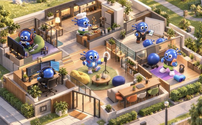 An isometric 3D illustration shows multiple blue cartoon characters engaged in various activities like cooking, working on computers, exercising, and presenting in a modern open-concept house.